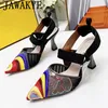 Sandaler Luxury Brand High Heels Color Blocking Women Slingbacks Party Shoes Brodery Leather Mesh Summer Dress 230417