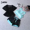 Yoga Outfits LUKITAS Fitness Women Elastic Waist Breathable Jogging Yoga Gym Badminton Exercise BraShortTshirt Workout Three Piece Suits 230418