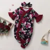 Rompers 0-18Months born Baby Girls Gorgeous Rose Floral Ruffle Short Sleeve Jumpsuit Headband Toddler Baby Girl Festival Costumes 230418