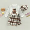 Sets Meisjeskleding Set Schattige Beer Borduurpatch TopsandPlaid SkirtandHat Baby Meisje Kinderen Elegante Kinderen Lente Herfst Kleding Outfits