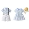 Clothing top Summer Plaid Brother Sister Kids Matching Outfits Boys Gentleman Suitand Girls Princess Sundress With Hat Sets
