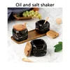 Storage Bottles Seasoning Pot Nordic Marble Pattern Spice Jar Pepper Kitchen Wooden Cap Condiment Bamboo Spoon Black 3in 1