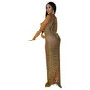 Robes décontractées 2023 produit d'été femmes vêtements Sexy maille transparent discothèque strass sans manches couleur Pure étage longueur robe