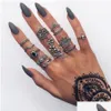 Кольца в богемном стиле, винтажный комплект колец с крестом и луной в виде цветка лотоса для женщин, кольца на палец миди с черным кристаллом, 2021, вечерние украшения в стиле бохо, Dhgarden Otcct