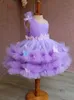 Magnifique robes de fille fleurie moelleuse avec papillon 3D Perles florales appliques violet grand arc arrière sans anniversaire tutu belles filles concours de Noël 403