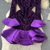 Casual Dresses High Quality Ladies Purple Party Dress Women Elegant Luxury Flare Long Sleeve Asymmetrical Ruffled Sparkly Sequins Dress 2024