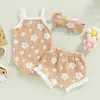 Clothing Sets Baby Girl Summer Rompers Set Floral Spaghetti Straps Sleeveless Jumpsuit and Casual Ruffle Shorts Headband 230418