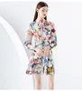 Abiti casual Runway Holiday Flower Mini Dress 2024 Colletto alla coreana delle nuove donne Manica lunga a lanterna Cintura con stampa floreale Dolce A Line Vestidos