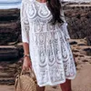 Sunscreen clothing O-Neck Half Sleeve Bikini Cover Up Flowy Hem Backless Sunscreen Dress See-through Embroidery Pattern Lace Beach For Vacation P230418