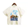 23SS Luxury Rhude Designer Tshirt feminino e masculina manga curta e camiseta redonda camiseta de algodão camiseta clássica