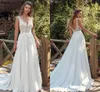Sexy V Neck Backless Wedding Dresses Modern White Satin Lace Sleeveless Boho Garden Bridal Gowns Buttons Court Train Plus Size Bride Simple Robes de Mariee CL2945