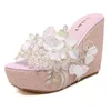 Slippers Brand Fashion Open-toed Women's Sandals Sweet Beaded Flowers Transparent Wedges Versatile Comfortable Women