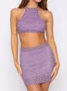 Robe de deux pièces Y2k Hollow Out Knit Jupe Set Femmes Femmes Solides sans manches Halter Entre Crop Tops Mini jupes féminines Sexy Sexy Two Piece Set 230417