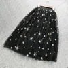 Jupes Tulle femmes étoile perlée plissée jupe mi-longue été 2023 élastique taille haute maille Tutu Saia Faldas