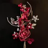 Bijoux de cheveux de mariage paire de fleurs de mariée chinoises bordeaux strass glands pinces à cheveux Style ethnique Barrettes rouges bijoux de cheveux de mariage 231118