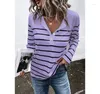 Camisetas de mujer a rayas de verano con botones y cuello en V, camiseta cómoda de manga larga de algodón para mujer, camiseta elegante de talla grande