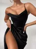 Casual Dresses HOUZHOU Sexy High Slit Satin Dress 2023 Fashion Women Swinging Collar Slim Elegant Backless Party Spaghetti Strap Bodycon