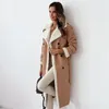 Fur Leather Long Jacket Women Belt Lambswool Long Sleeve Turndown Collar Pocket Female Coat Autumn Winter Lady Overcoat