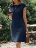 캐주얼 드레스 Zanzea 여성 O- 넥 지퍼 짧은 소매 선 드레스 여름 여자 솔리드 드레스 세련된 우아한 작품 OL 빈티지 느슨한 미디 드레스 230418