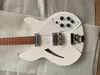 Custom Backer 330 360 12 cordes Blanc Semi Hollow Body Guitare électrique Vernis brillant Touche Pearl Dot Inlay 5 Konbs, deux prises de sortie, Pickguard blanc