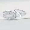 2 PCS 925 Sterling Silver Wedding Rings مجموعة للمرأة Solitaire خاتم الخطوبة فرقة حارس قابلة للفصل