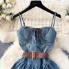 Casual Dresses Fashion Streetwear Denim Dress Spaghetti Strap Cross Lace Up Bow Belt Zipper Pleated Women American Vintage Mini Dress 2024