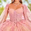 Pink Sweetheart Quinceanera Dresses Sweet 16 Prom Evening Gowns Off Shoulder Applique Lace With Cape Tull Vestidos De 15 Anos Ball Gown