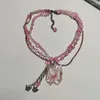 Chaînes papillon rose collier en couches pour femmes perles de verre déclaration adolescente Egirls Y2k bijoux Kawaii mignon Harajuku