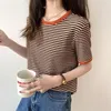 Women's T-Shirt Vintage Japan O Neck Short Sleeve Striped Tshirts Women Summer Contrast Tops Clothing Fashion Wild Tees Cotton Y2k Shirt 230418