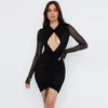 Vestidos casuais Mulheres Puloru Manga longa Vestido sexy Bodycon Vestir Black Mesh Mini Club Clube Autumn-deco