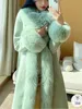 Misturas de lã feminina YOSIMI 2023 inverno elegante longo casaco feminino com gola de pele manguito luz verde outwear roupas casacos de lã de cintura larga 231118