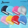 Simkåpor Simningslock Vattentät PU -beläggning Tyg Simkåpan Crystal Swim Pool Protect Ears Långt hår Simning Badkapslar Dykande hatt P230418