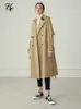 Misto lana da donna FSLE 100% cotone kaki Lungo trench da donna Autunno Inverno Colletto rovesciato Abiti da donna Causale Cintura a maniche lunghe Trench 231117