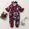 Rompers 0-18Months born Baby Girls Gorgeous Rose Floral Ruffle Short Sleeve Jumpsuit Headband Toddler Baby Girl Festival Costumes 230418