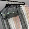 Kadın T-Shirt Yaz Kadın Kristal Glitter Kısa Fishnet Y2K Üstler Parlak Elmaslar Uzun Sleeve T-Shirts Shawl Seksi Parti Kulübü Giysileri 230418