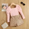 Kleidungssets 1-6 Jahre Kinder Mädchen Sommer Herbst Kleidung Set Baby Puff Langarm Tops mit quadratischem Ausschnitt und kurze Hosen aus PU-Leder Kinder Outfits