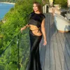 Two Piece Dress Fashion Tie Maxi Skirt Set Black Sleeveless Crop Blouse and Long Outfit Satin Vacation Beach Party Club 230418