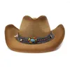 Breitkrim Hats Sun Hut für Frauen Sommer Sonnenschutzweste Cowboy Stylish neigen Strohstrand mit türkisfarbenem Stein HZ37