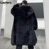 Pelliccia da uomo finta Lautaro inverno lungo oversize nero caldo spesso morbido cappotto soffice uomo con cappuccio cerniera casual allentato moda coreana 231118