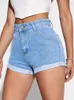 Damshorts Sommar hög midja Denim Dammodeknapp vid ben Jean Lady Casual Vintage