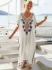Women's Swimwear EDOLYNSA White Vintage Embroidered Long Kaftan Casual V-neck Maxi Dress Summer Clothes Women Beach Wear Swim Suit Cover Up Q1490 230417