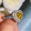 Cluster Rings 925 Silver Luxury Yellow Zircon Heart Open Ring Double Micro Setting Super Shiny Bright Engagement Ladies