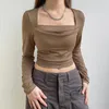 Женские футболки Seasons Square Square Collar Froots Flouts Women Vintage Basic Cusual Crop Top Korean Y2K Harajuku Tee Pullovers