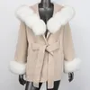 Mélanges de laine pour femmes 2023 hiver chaud col de fourrure naturelle à capuche femmes veste Version ample véritable manteau de laine de luxe mode Streetwear 231117