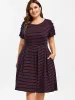 Wipalo Plus Size Striped A Line Dress Criss Cross Sleeve Elastic Waist Dress Summer Casual Work Dresses Women Dress Vestidos Y200120