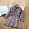 Frühling Herbst Baby Mädchen Prinzessin Kleid Kinder Gestrickte Umlegekragen Kleider Kinder Langarm Kleid Mit Taschen 2-7 jahre