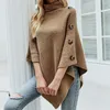 Capa feminina outono inverno botão poncho camisola feminina oversized gola alta jumper malhas férias vintage capa batwing manga ponczo 231117