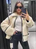 Womens päls faux konstgjorda päls lapel skarvning arbete blixtlås kvinnor kappa långärmad bälte cykeljacka Autumnwinter mode casual 231118