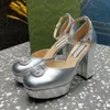 Silver Round Toes Platform Shallow mouth shoes sandals Crystal buckle decoration Patent leather chunky block Ankle strap strap heeled women luxury designer shoes