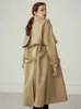女性のウールブレンドFSLE 100％コットンカーキロング女性トレンチコート秋の冬のターンダウンカラー衣服